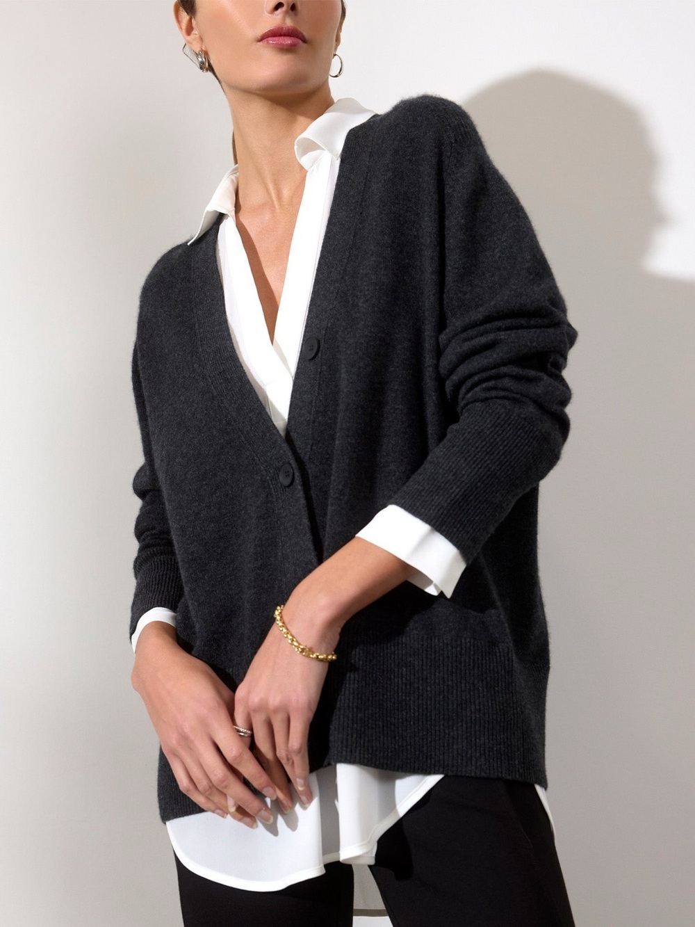 Brochu Walker Charcoal Grey Callie Layered Wool Cashmere Cardigan - Medium